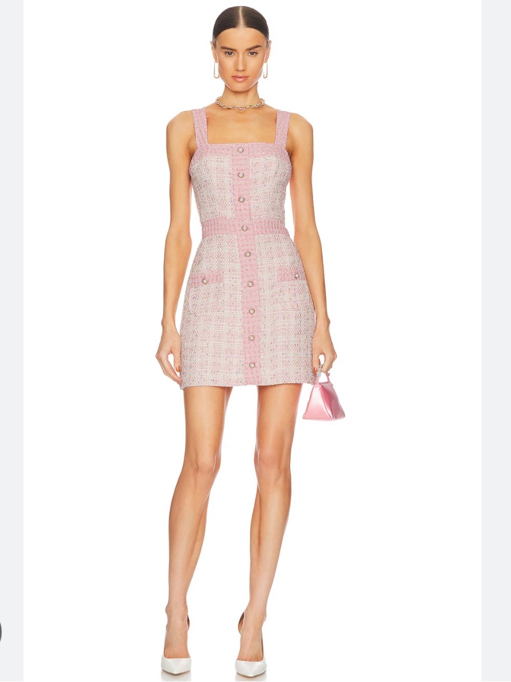 Amanda Uprichard Archie Pink Tweed Square-Neck Mini Dress